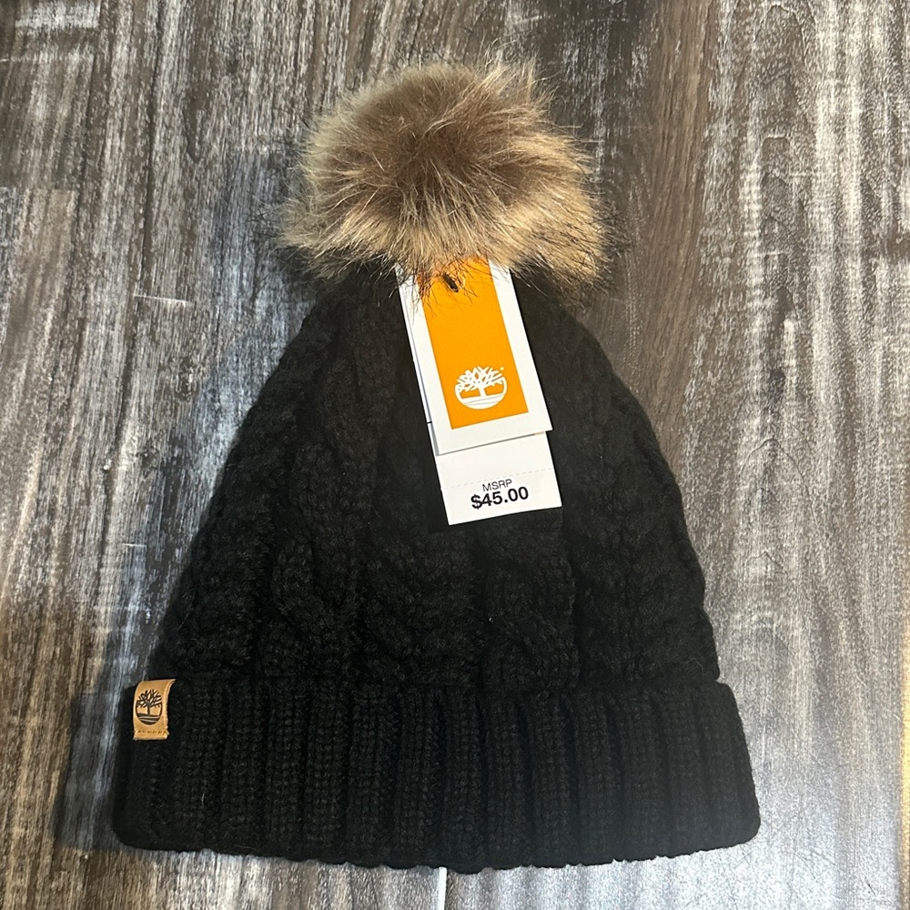 Timberland Black Cable Knit Beanie with Faux Fur Pom-Pom
